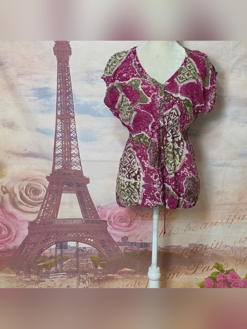 Calvin Klein Jeans Pink Paisley V-Neck Tie-Front Blouse Sz M